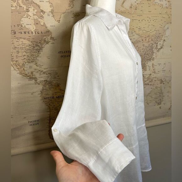 Tahari 100% Linen White Long Collared Blouse Button Up Shirt - Picture 8 of 9